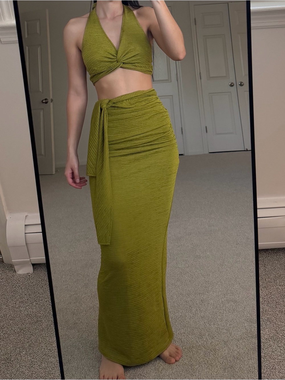 Olive Green Tie-Waist Maxi Skirt and crop top set